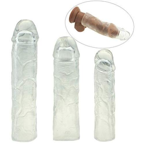 SHEQU Reusable Penis Sleeve Extender Clear Silicone Extension Sex Toy Cock Enlarger Condom Sheath Delay Ejaculation Toys for Men (3pcs Small, Medium and Large Included)