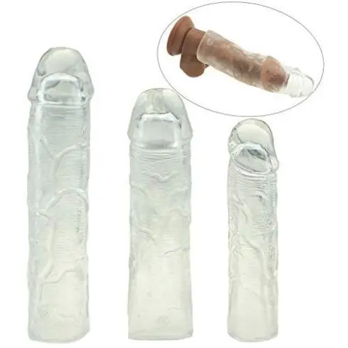 SHEQU Reusable Penis Sleeve Extender Clear Silicone Extension Sex Toy Cock Enlarger Condom Sheath Delay Ejaculation Toys for Men (3pcs Small, Medium and Large Included)