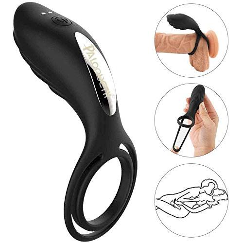 Vibrating Penis Ring with Testicle Ring 7 Vibration Modes for Men Longer Lasting Erections, PALOQUETH Rechargeable Double Cock Ring Clit Vibrator for Couple or Solo Play