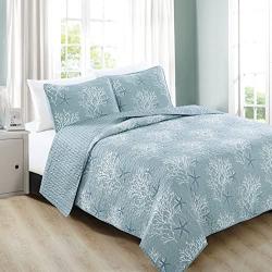 Home Fashion Designs 2-Piece Coastal Beach Theme Quilt Set with Shams. Soft All-Season Luxury Microfiber Reversible Bedspread and Coverlet. Fenwick Collection Brand. (Twin, Ether Blue)