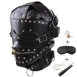 Leather Bondage Gimp Mask Hood, Black Full Face Blindfold Breathable Restraint Head Hood, Sex Toys, for Unisex Adults Couples, BDSM/LGBT Fetish Hood (Black(Full Face Hood))