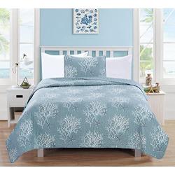 Home Fashion Designs 2-Piece Coastal Beach Theme Quilt Set with Shams. Soft All-Season Luxury Microfiber Reversible Bedspread and Coverlet. Fenwick Collection Brand. (Twin, Ether Blue)