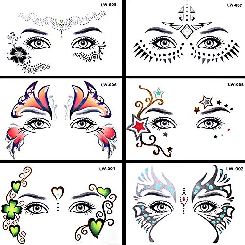 Pinkiou Facial Art Stickers Women Face Eye Temporary Tattoo Festival Waterproof Stickers (6 pieces) Pinkiou Facial Art Stickers Women Face Eye Temporary Tattoo Festival Waterproof Stickers (6 pieces)