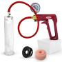 LeLuv Premium Penis Pump Maxi Red Plus Vacuum Gauge and Uncollapsible Slippery Silicone Hose Bundle with Black TPR Seal and Silicone Donut Seal 9 inch Length x 2 inch Diameter Cylinder