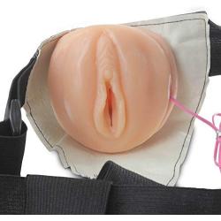 LeLuv Strap-On Male Hollow 6 Inch Vibrating Tip with Realistic Female Vagina Opening Plus Mini Chrome Bullet