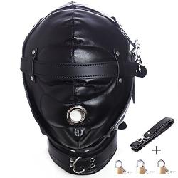 Leather Bondage Gimp Mask Hood, Black Full Face Blindfold Breathable Restraint Head Hood, Sex Toys, for Unisex Adults Couples, BDSM/LGBT Cosplay Restraint Training Toy Fetish Mask