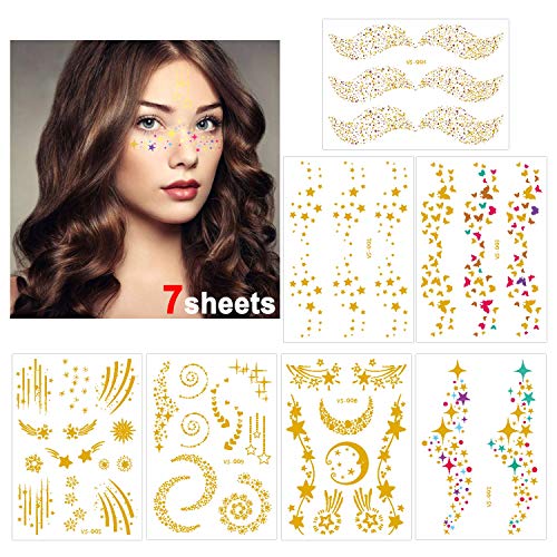 Konsait 7sheets Face Tattoo Sticker Metallic Temporary Transfer Tattoo Waterproof Face Jewel s for Women Girls Make Up Dancer Costume Parties, Shimmer Glitter Designs Gold Tattoos