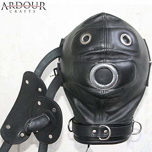 100 % Real Genuine Leather Bondage Mask Hood with Mouth Gag & Blindfold Bondage Restraint