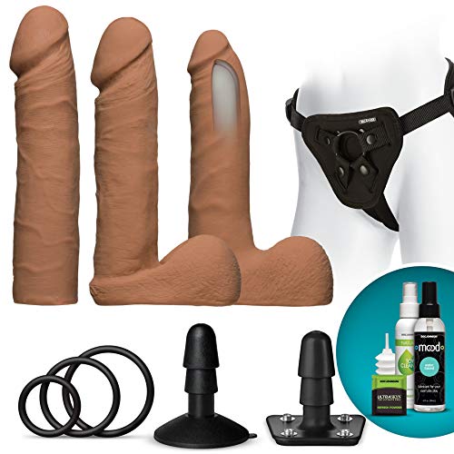 Doc Johnson Vac-U-Lock - Dual Density ULTRASKYN™ Set - 3 Medium Dildos, Supreme Harness, VUL Suction Cup, Toy Cleaner, Mood Water-Based Lube - Pegging, Caramel