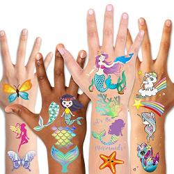 Temporary Tattoos for Kids(80pcs),Konsait Glitter Mermaid Unicorn Butterfly Tattoos for Children Girls Birthday Party Favors Supplies Great Kids Party Accessories Goodie Bag Stuffers Party Fillers