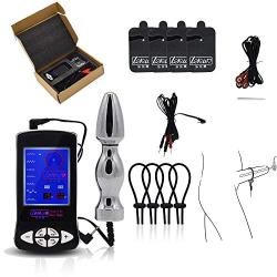 Electro Sex/E-Stim, Luxury Electric Stimulation Set with Cock Ring, Stainless Steel Anal Plug and 4 Patch/Pad, Vaginal Anal Dildo Stimulation Torture SM Sex Toys Masturbator for Women Men Couples