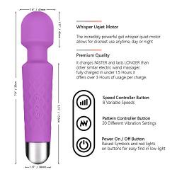 Waterproof Personal Cordless Wand Massager, Rechargeable Powerful Handheld Waterproof Body Massager with 20 Vibration Patterns and 8 Multi Speed for Full Body Massage(Purple)