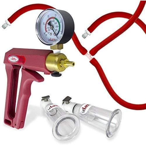 LeLuv Vacuum Pump Maxi Red Handle with Gauge Uncollapsible Red Silicone Hose Natural Body Enhancement Nipple Suction Cups Large