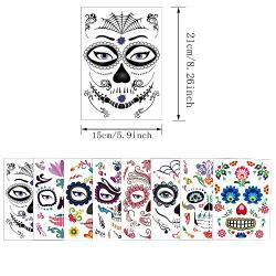 CHICHIC 8 Pack Halloween Temporary Face Tattoos Stickers, Day of the Dead Sugar Skull Face Tattoos, Catrina Face Mask, Day of Dead Make Up, Full Face Candy Skull Sticker Halloween Party Favor Supplies