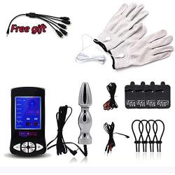 HBD-SM Estim Electro Stimulation Massager Set with 4 Accessories Incl. Stainless Steel Anal Plug/Analdildo & Cock Ring & Glove & Pads, E-Stim Electric Sex Toy for Women Men Couples