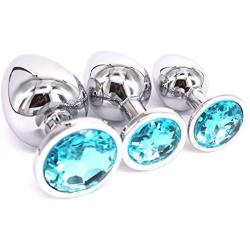 Eastern Delights 3 Pcs Jewelry Anal Plug Steel Metal Butt Plated Plug with Penis Condom, Light Blue