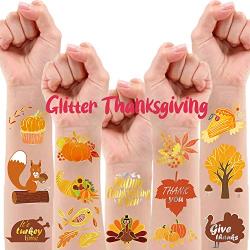 32 Styles Metallic Glitter Thanksgiving Temporary Tattoos for Kids, Fall Party Decorations Autumn Pumpkin Party Favors Supplies, Fall Stickers for Boys Girls