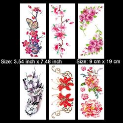 Kotbs 6 Sheets Large Temporary Tattoos Flower Paper Sexy Body Tattoo Sticker for Women & Girl Fake Tattoo (Lily, Peach, Plum, Peony)