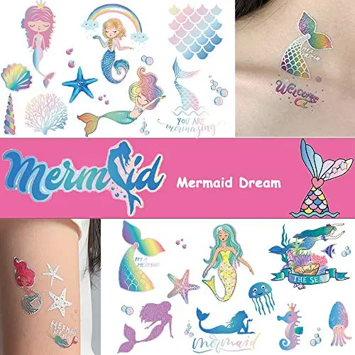 Ooopsi Mermaid Party Supplies Temporary Tattoos for Kids - 7 Large Sheet, 100+ Glitter Styles, Mermaid Party Favors and Birthday Decorations for Children Girls Ooopsi Mermaid Party Supplies Temporary Tattoos for Kids - 7 Large Sheet, 100+ Glitter Styles, Mermaid Party Favors and Birthday Decorations for Children Girls