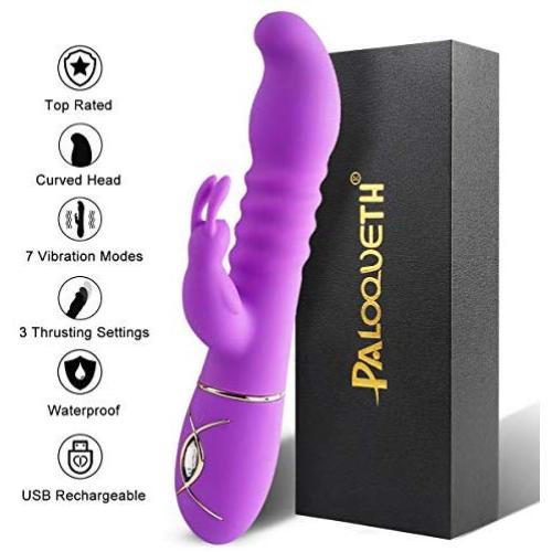 Thrusting Rabbit Vibrator with 3 Powerful Thrusting Actions 7 Vibration Modes for G Spot Clitoris Stimulation, PALOQUETH Waterproof Dildo Bunny Vibrator Personal Sex Toy for Women, Rechargeable Purple