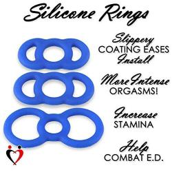 LeLuv Cock Rings EYRO Slippery Blue Silicone Erectile Dysfunction .6 Inch Through .75 Inch Unstretched Diameter 3 Pack Sampler