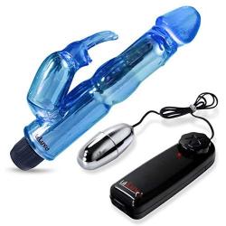 LeLuv Rabbit Vibrator Waterproof Bath Time Bunny Bundle with Classic Silver Bullet Egg Massager Blue