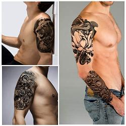 Yazhiji 32 Sheets Temporary Tattoos Stickers, 8 Sheets Fake Body Arm Chest Shoulder Tattoos for Men Women with 24 Sheets Tiny Black Temporary Tattoos