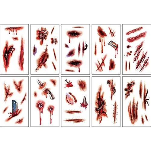 Halloween Temporary Blood-Tattoos Bleeding-Scar-Tattoo Stickers - Zombie Makeup Scary Fake Scars Blood Injuiry Cosplay Sticker for Halloween Masquerade Party 10 Sheets Halloween Temporary Blood-Tattoos Bleeding-Scar-Tattoo Stickers - Zombie Makeup Scary Fake Scars Blood Injuiry Cosplay Sticker for Halloween Masquerade Party 10 Sheets