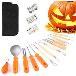 OOWOLF Halloween Pumpkin Carving Kit, 13 Pcs Halloween Sculpting Tools with 3 set Theme Fake Tattoo Noctilucous Body Stickers Halloween Party Decorations (Storage Case Included)