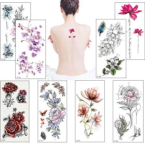 Flowers Temporary Tattoos for Women Tattoo Stickers Lotus Rose Body Shoulder Back Waterproofing Removable Tattoos 8 Sheets (style 6)