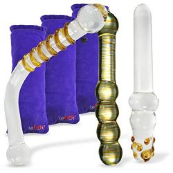 LeLuv Pyrex Glass Anal Vaginal Couples Sex Toy Dildo Set Amber Glow 3 Piece Gift Set Bundle with Premium Padded Pouches for Each