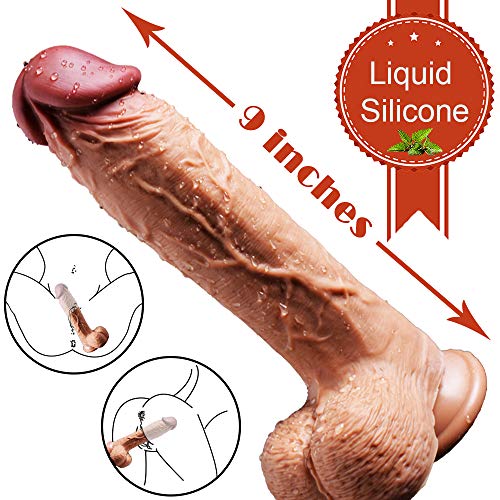 9 Inch Realistic Dildo Dual Density Liquid Silicone Cock with Strong Suction Cup,Oixgirl Lifelike Penis Sex Toy Flexible Female G Spot Masturbation Toy with Curved Shaft and Balls