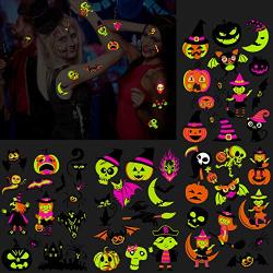 Konsait 48pcs Neon Temporary Tattoos, UV Neon Fluorescence Halloween Fake Tattoos Stickers Body Face Skin Tattoo Waterproof Tattoo Stickers for Women Girls Body Art Halloween Carnival Party Supplies