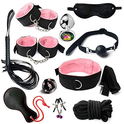 Sex Things for Couples with Butt Plug, Six Toys for Couples Adult Toys Safe BDSM Restraints Set Sex Toys Fetish Bed Cuffs Nipple Clamps Flogger Ball Gag Blindfold Rope Dice Anal Plug (Rose)