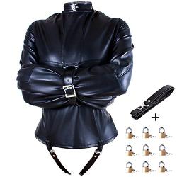 Sexy Leather Bondage Jacket Restraint Suit - Forced Binding Clothing Restriction Neck Sleeves Finger Binding Leather Body Harness Lockable Adjustable Adult Sex Toys Fetish Costume