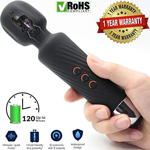 Personal Cordless Wand Massager - 20 Powerful Modes, Silent, Handheld, Waterproof, Electric, USB Rechargeable | Massage Stick for Body, Neck, Shoulders, Back - Sports Recovery & Muscle Aches (Black)
