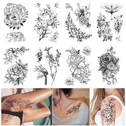 Large Realistic Flower Temporary Tattoos for Women Adults Girls Black Rose Floral Tattoo Sexy Body Tattoo Stickers Realistic Waterproof Fake Tattoo Arm Chest Leg Back Temp Tattoo Paper (8 Sheets)