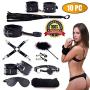 Bondageromance Kit for Couples Black 10 Piece Bed Restraints for Sex Play Includes Fuzzy Hand Cuffs, Spreader Bar, Flogger, Ball Gag and Blindfold