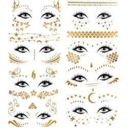 Konsait 8 Sheets Face Tattoo Sticker Metallic Temporary Transfer Tattoo Waterproof Face Jewels for Women Girls Make Up Dancer Costume Parties, Shimmer Glitter Gold Tattoos,Scale Tears Butterfly Freckl