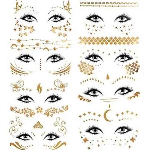 Konsait 8 Sheets Face Tattoo Sticker Metallic Temporary Transfer Tattoo Waterproof Face Jewels for Women Girls Make Up Dancer Costume Parties, Shimmer Glitter Gold Tattoos,Scale Tears Butterfly Freckl Konsait 8 Sheets Face Tattoo Sticker Metallic Temporary Transfer Tattoo Waterproof Face Jewels for Women Girls Make Up Dancer Costume Parties, Shimmer Glitter Gold Tattoos,Scale Tears Butterfly Freckl