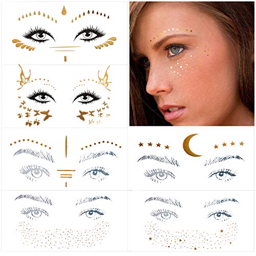 Face Tattoos Sticker, Freckle Sticker, Face Tattoos for Women, Face Metallic Temporary Tattoo Water Transfer Tattoo for Professional Make up Dancer Costume Parties