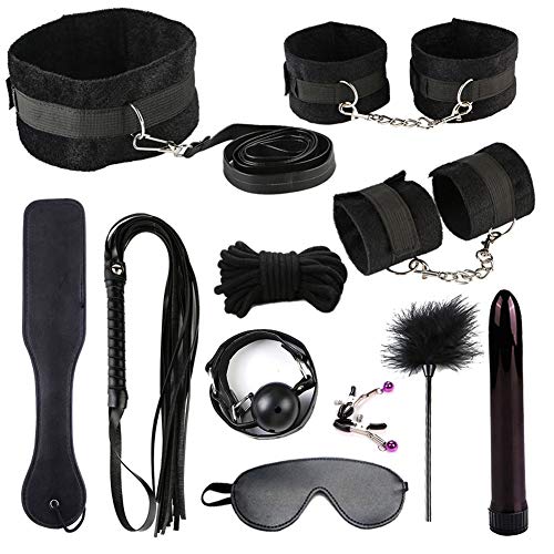 Foreen 11Pcs Bondage Restraint Vibrator Handcuff Whip Collar, SM Adult Games, SM Bondage Sets Restraint Kits, Sex Toys for Women, Men, Couples, Lovers Black 11 pcs Set