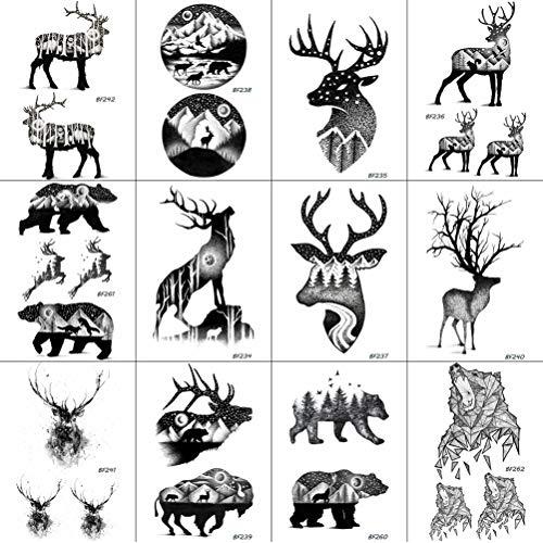 12 Pieces/Lot Black Elk Horn Little Waterproof Fake Tattoos Stickers For Men Women Arm Temporary Tatoos Moose Deer Hands Bear Fake Tattoo Paste Supplies 10x6cm