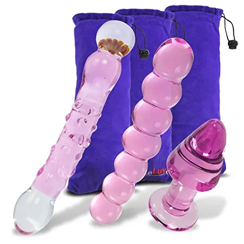 LeLuv Pretty Pink Glass Dildo and Butt Plug 3 Piece Gift Set Bundle with Premium Padded Pouches for Each LeLuv Pretty Pink Glass Dildo and Butt Plug 3 Piece Gift Set Bundle with Premium Padded Pouches for Each