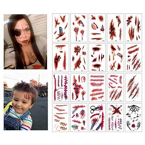 TOPSER Halloween Scar Temporary Tattoos 20 Sheets Realistic Fake Face Blood Wound Stitch Tattoo Sticker Waterproof Zombie Makeup Prank Props