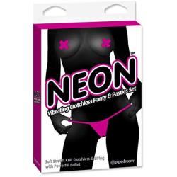 Pipedream Neon Vibrating Crotchless Panty & Pasties Set, Pink