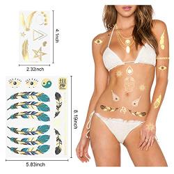 20 Sheets Temporary Tattoos for Women Girls Adults - Over 300 Shimmer Waterproof Fake Tatoos - Gold Tattoos Metallic Stickers in Bracelets, Feathers, Wrist and Arm Bands