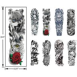 Temporary Tattoos 8 Sheets,Black Full Arm Tattoo Body Stickers for Men Women Adults Kids