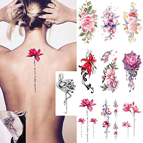 Ooopsi 10 Sheets Large Flower Temporary Tattoos - Sexy Body Tattoo Sticker for Women Girl for Arms Legs Shoulder or Back