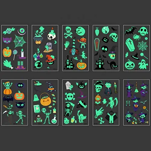 Kids Halloween Temporary Tattoo Stickers Glow in Darkness Children Temporary Tattoos for Face Body Arms Pumpkin Ghost Devil Skull Trick or Treat Water Transfer Stickers for Baby Boys Girls(10 Sheets) Kids Halloween Temporary Tattoo Stickers Glow in Darkness Children Temporary Tattoos for Face Body Arms Pumpkin Ghost Devil Skull Trick or Treat Water Transfer Stickers for Baby Boys Girls(10 Sheets)